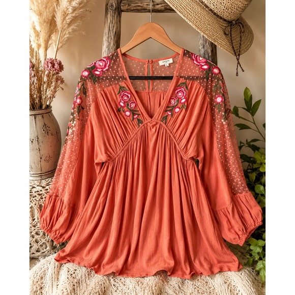 Umgee Tops - Umgee Coral Embroidered Mesh Sleeve Boho Babydoll Tunic Top Size Large
